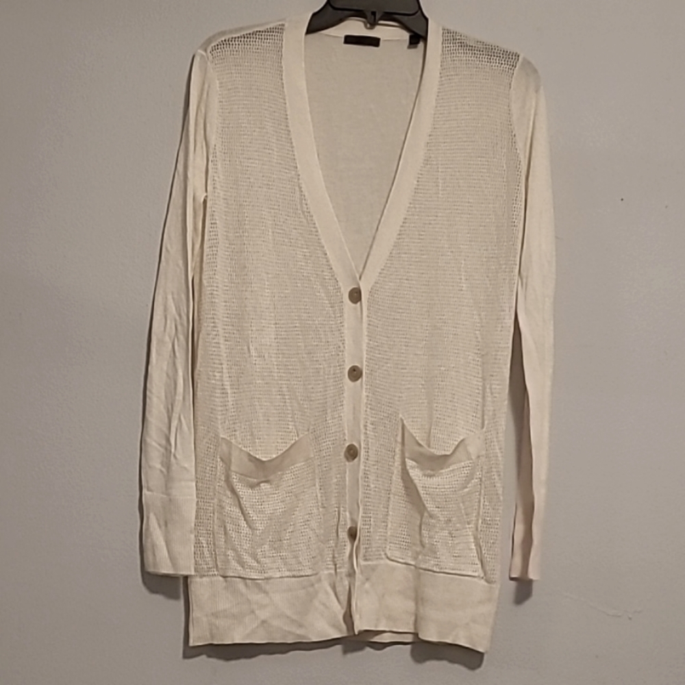 ATM Womens Pointele Cardigan Silk Wool Cashmere Sweater In  Cream Button Sz XS